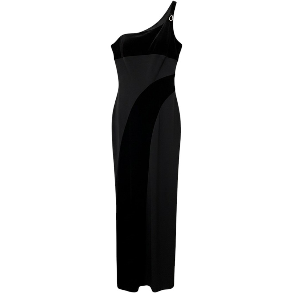 Y2K Basic USA Black One Shoulder Velvet Trim Maxi Dress Rhinestone Detail Whimsy